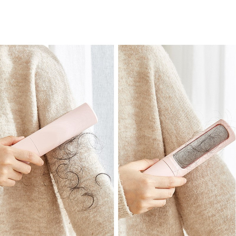 Coathaus Reusable Lint Brush pulling pet hair off a beige knit jumper, shown closed and with the brush pad out