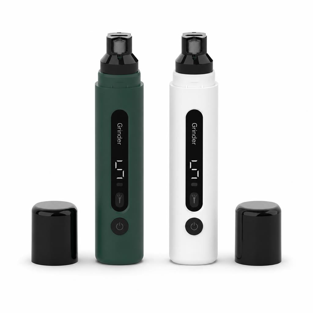 Coathaus Quiet Nail Grinder in Forest Green and Cloud White standing side by side with caps