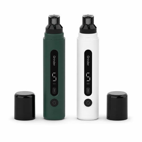 Coathaus Quiet Nail Grinder in Forest Green and Cloud White standing side by side with caps