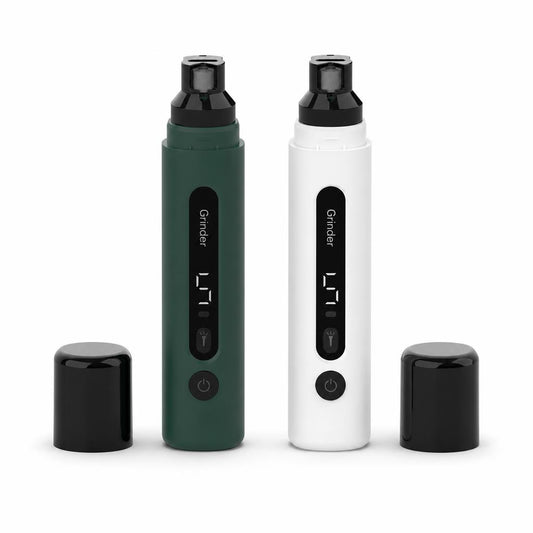Coathaus Quiet Nail Grinder in Forest Green and Cloud White standing side by side with caps