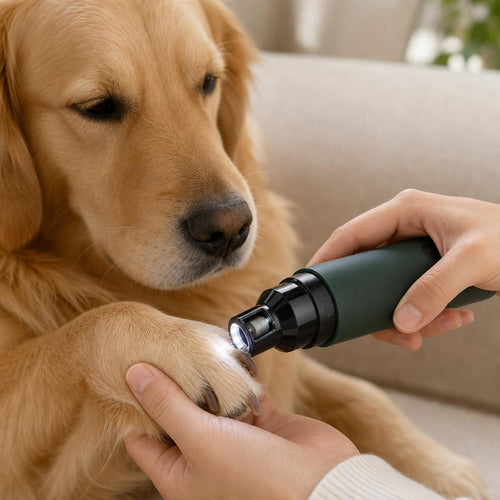 Using the Coathaus Quiet Nail Grinder on a relaxed golden retriever paw with the LED light on
