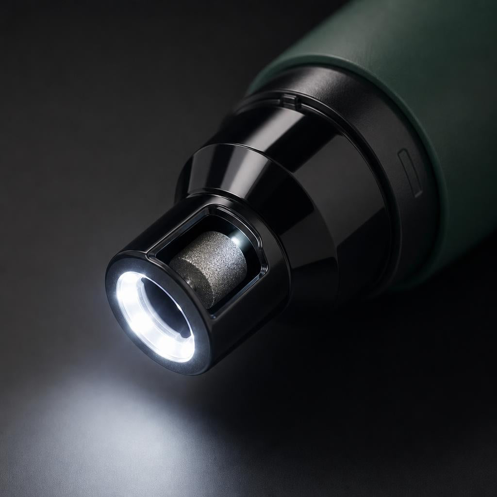 Close-up of the grinder head showing the diamond grinding bit and LED ring light