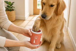 Golden retriever placing a muddy paw into the Coathaus Paw Cleaner Cup