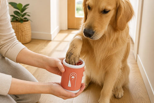 Golden retriever placing a muddy paw into the Coathaus Paw Cleaner Cup