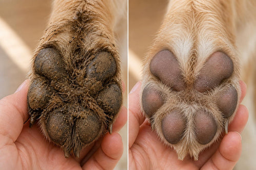 Before and after close-up of a dog's paw pad: caked in mud, then clean after the Coathaus Paw Cleaner Cup