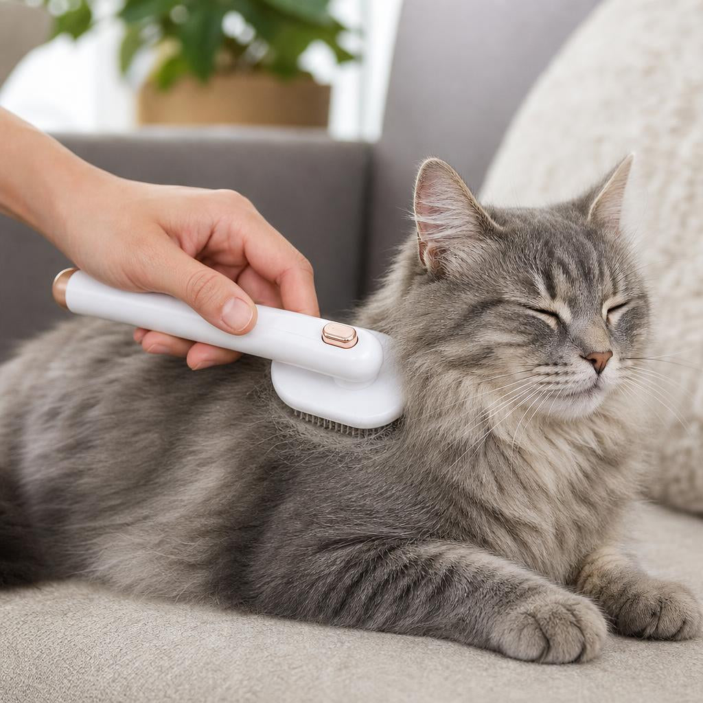 Person grooming a relaxed long-haired cat with the Coathaus Self-Cleaning Slicker Brush
