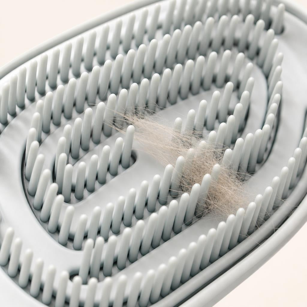 Close-up of the soft silicone bristles of the Coathaus slicker brush with pet fur caught in them