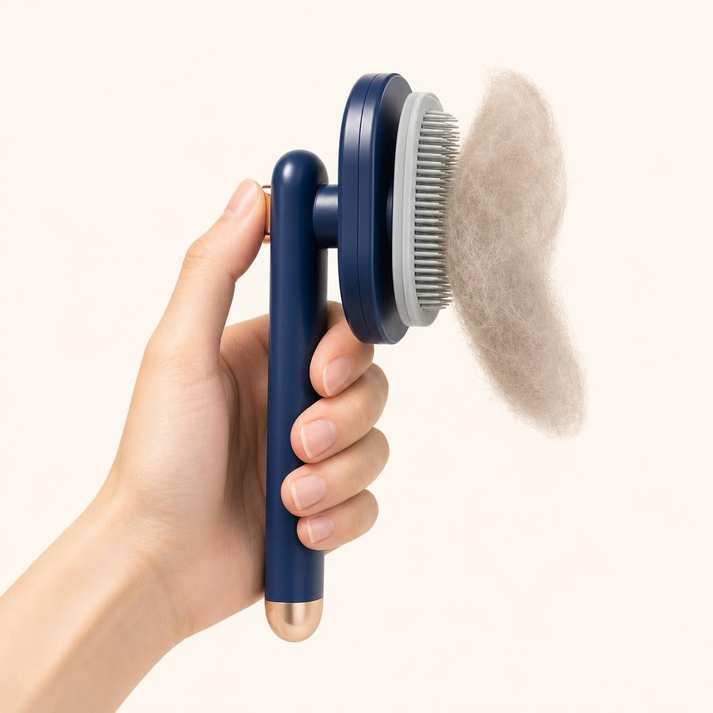 Twisting the collar of the Coathaus slicker brush so the head rotates and the collected fur lifts off in one piece