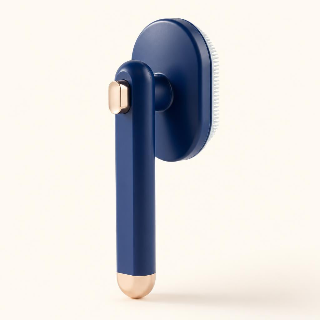 The Coathaus Self-Cleaning Slicker Brush in Midnight Blue with rose-gold accents