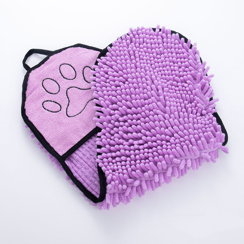 The Coathaus Microfiber Pet Drying Towel in lavender, folded to show both textures and the hand pocket