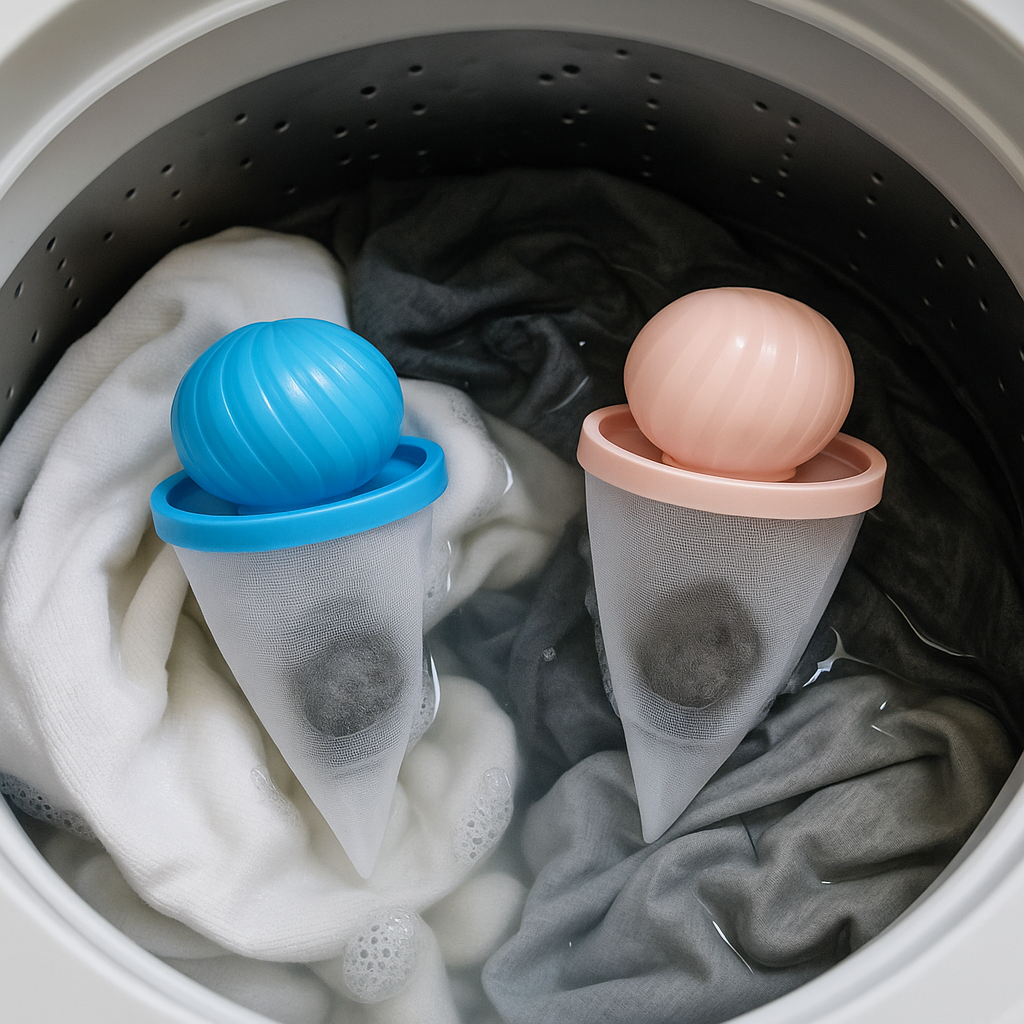Two Coathaus Laundry Fur Catchers floating in a washing machine drum, pet hair collected inside the mesh nets