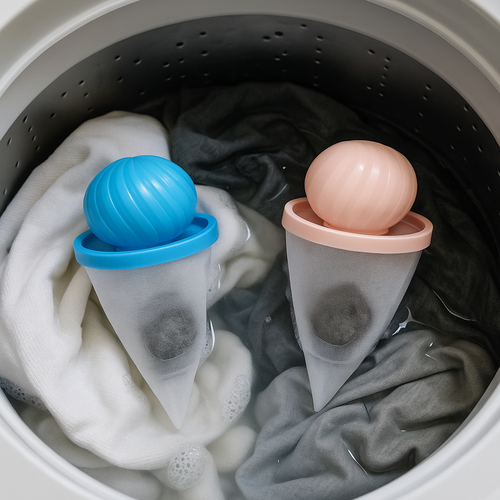 Two Coathaus Laundry Fur Catchers floating in a washing machine drum, pet hair collected inside the mesh nets