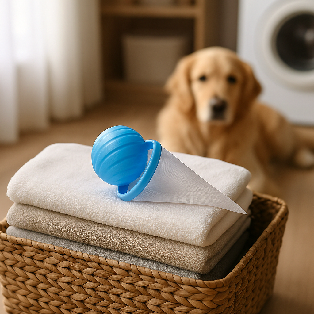 An Ocean Blue Coathaus Laundry Fur Catcher resting on folded towels in a laundry basket with a golden retriever behind