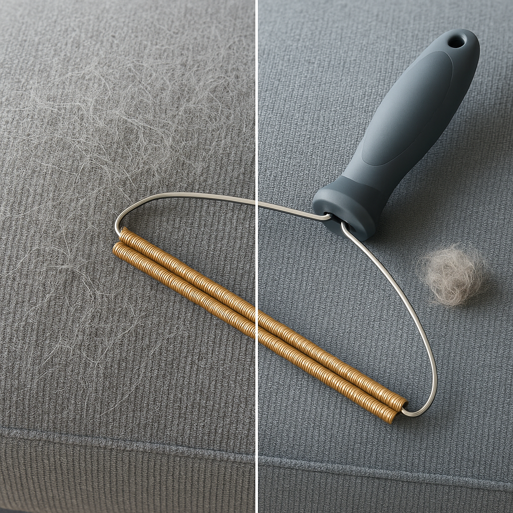 Before and after: a grey sofa cushion covered in pet hair on the left, the same cushion clean with the Coathaus Sofa & Carpet Fur Rake on the right