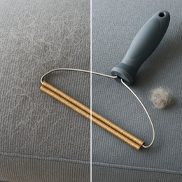 Before and after: a grey sofa cushion covered in pet hair on the left, the same cushion clean with the Coathaus Sofa & Carpet Fur Rake on the right