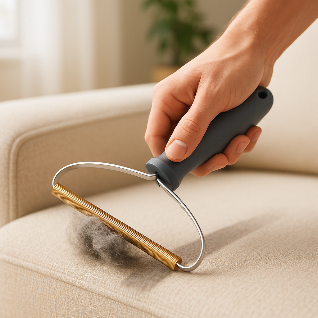 A hand pulling the Coathaus Sofa & Carpet Fur Rake across a cream sofa arm, pet hair rolling up at the copper edge