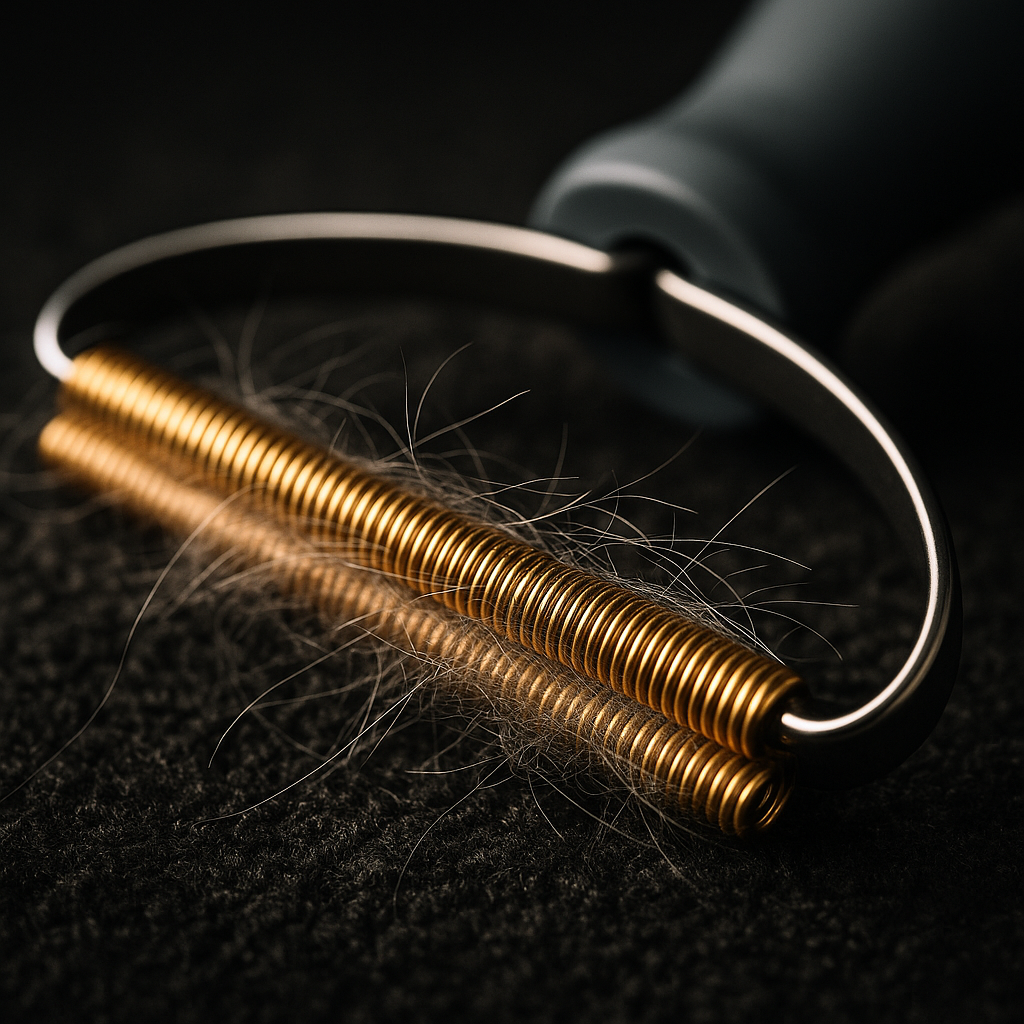 Close-up of the twin copper coils of the Coathaus Sofa & Carpet Fur Rake packed with collected pet hair