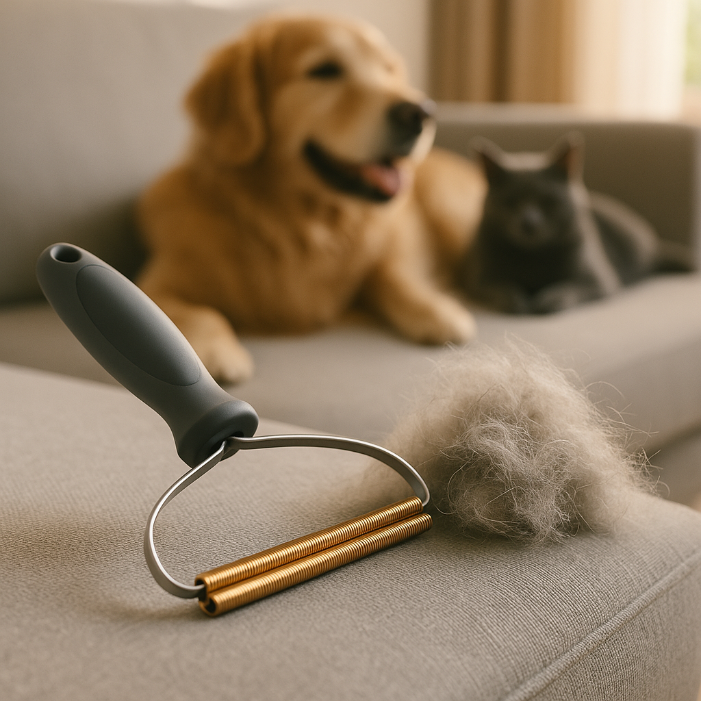 The Coathaus Sofa & Carpet Fur Rake on a couch next to a large pile of removed pet hair, a dog and cat resting in the background