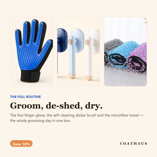 The Full Routine - grooming glove, slicker brush and drying towel