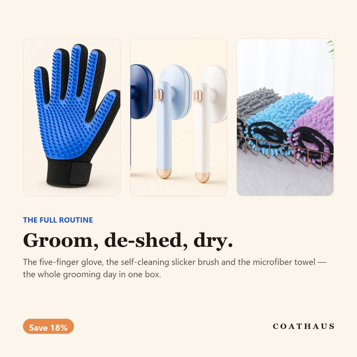 The Full Routine - grooming glove, slicker brush and drying towel