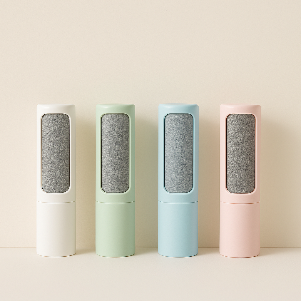 Coathaus Reusable Lint Brush in Cloud White, Sage Green, Sky Blue and Blush Pink, standing in a row on a cream background