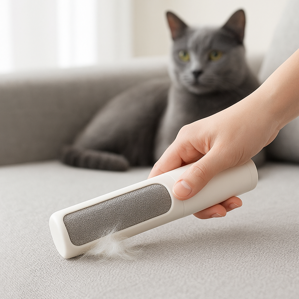 A hand using the Cloud White Coathaus Reusable Lint Brush on a grey sofa, lifting pet hair, with a grey cat resting behind