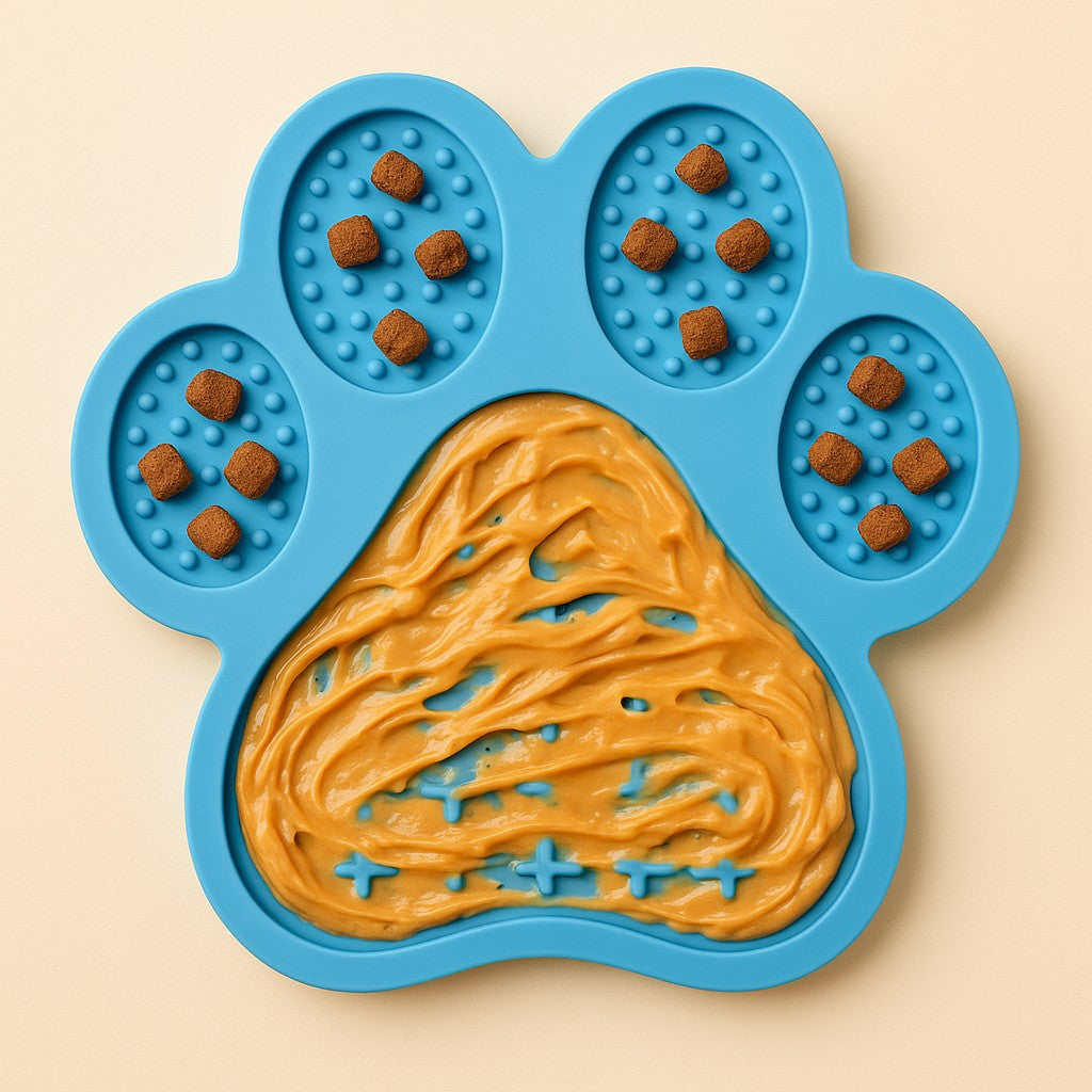 Coathaus paw-shaped lick mat in ocean blue with peanut butter in the centre grid and kibble in the toe pads