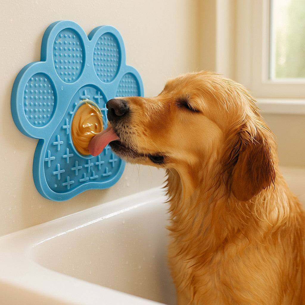 Golden retriever calmly licking peanut butter off the paw lick mat suction-stuck to the bathtub wall during a bath