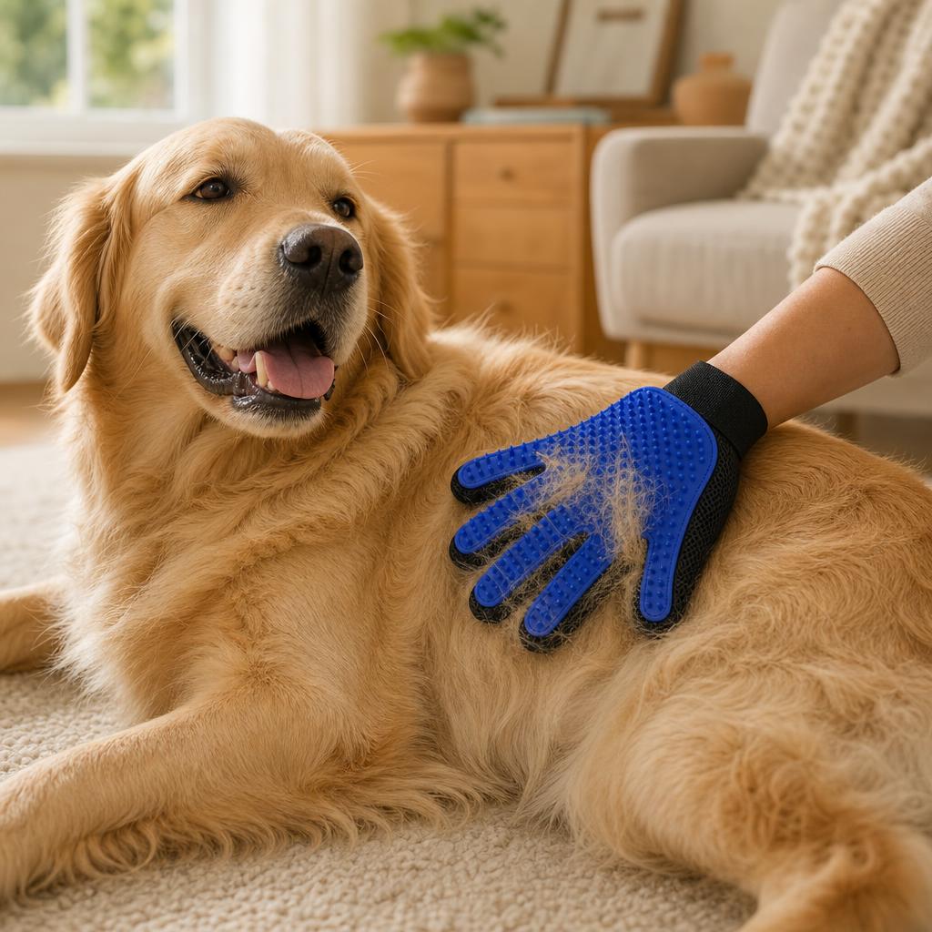 Golden retriever being groomed with the Coathaus deshedding glove