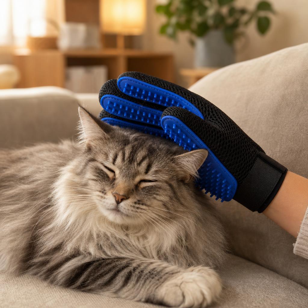 Long-haired cat relaxing while being groomed with the Coathaus glove