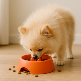 Small Pomeranian dog eating kibble from a Coathaus Slow Feeder Bowl