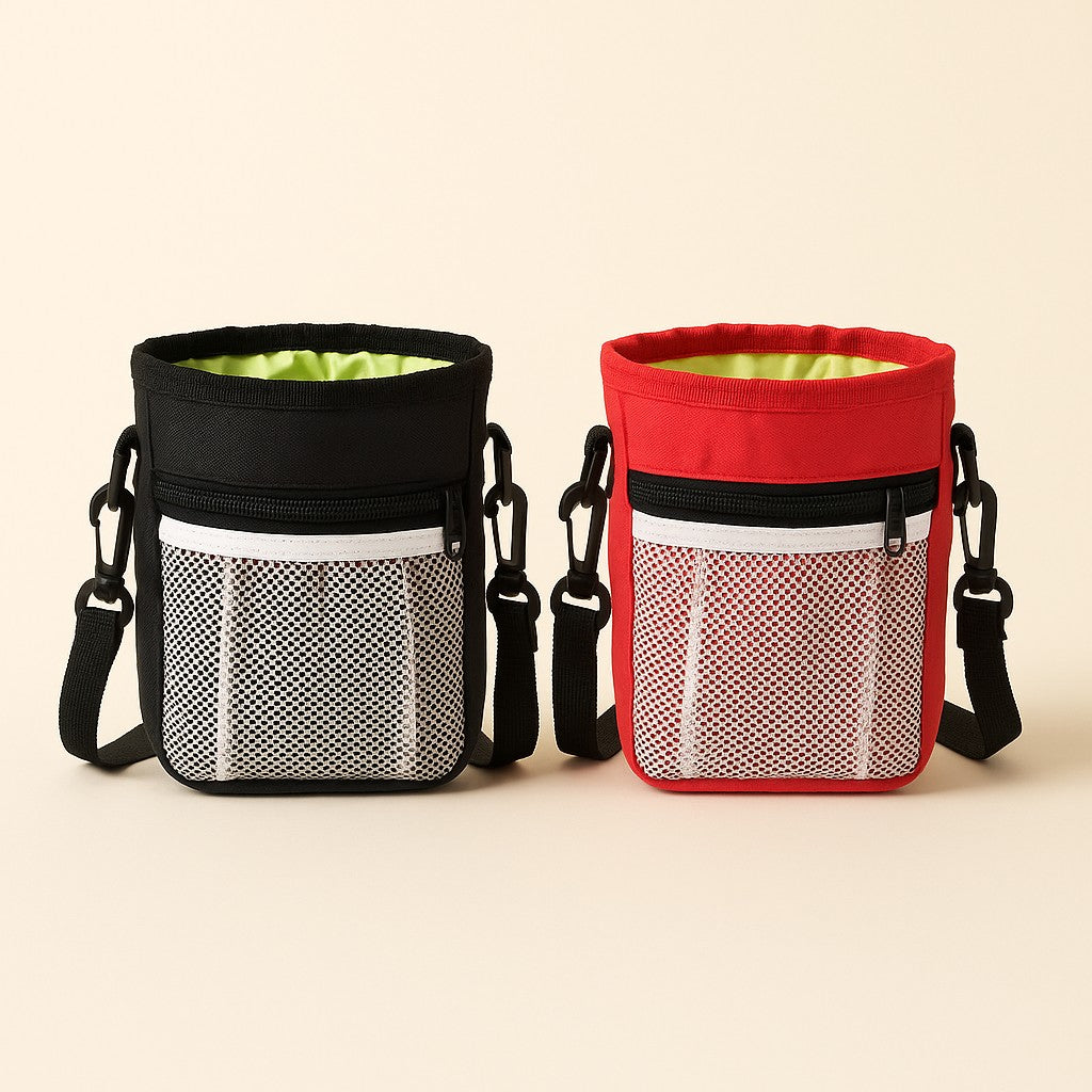 Coathaus Training Treat Pouch in Charcoal and Cherry Red, drawstring treat pocket, zip and mesh pockets, adjustable strap