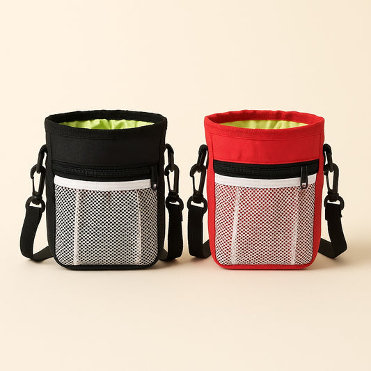 Coathaus Training Treat Pouch in Charcoal and Cherry Red, drawstring treat pocket, zip and mesh pockets, adjustable strap