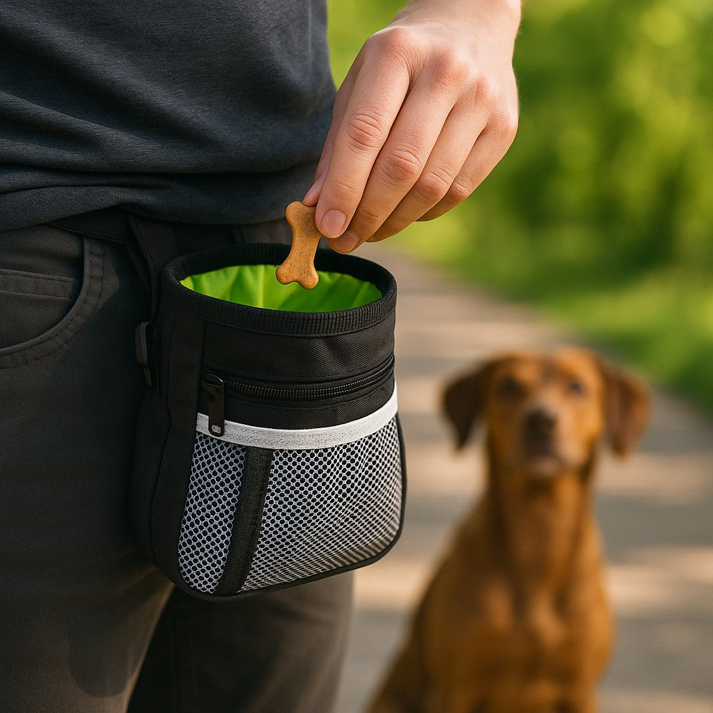 Charcoal treat pouch clipped to a waistband on a walk, hand taking out a treat with a dog watching