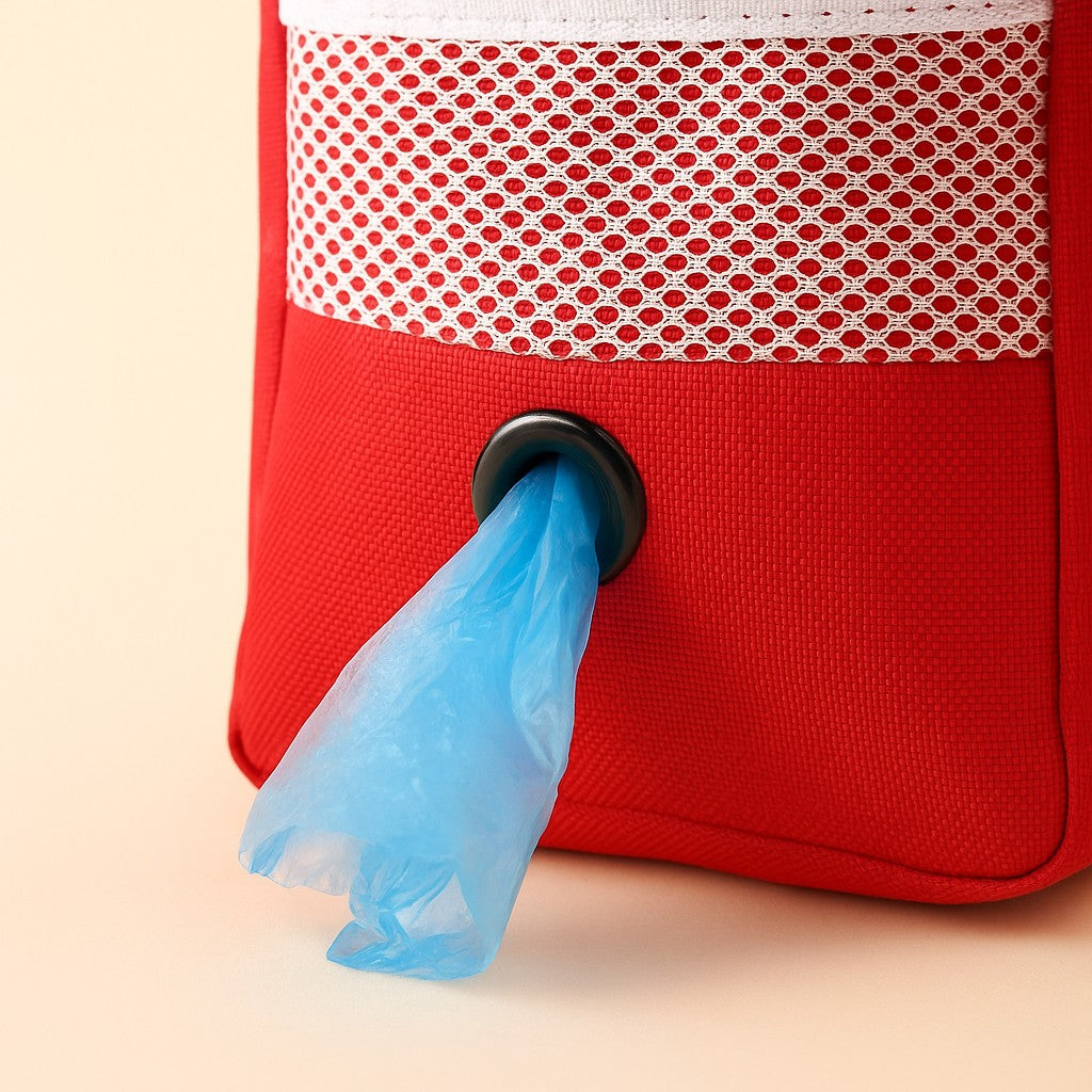 Close-up of the built-in poop bag dispenser grommet with a bag being pulled through