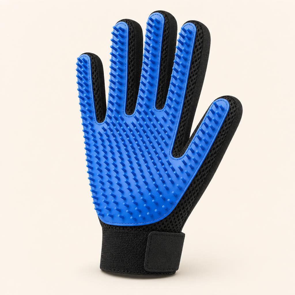 Coathaus deshedding glove, long blue silicone pins on the palm and black breathable mesh back