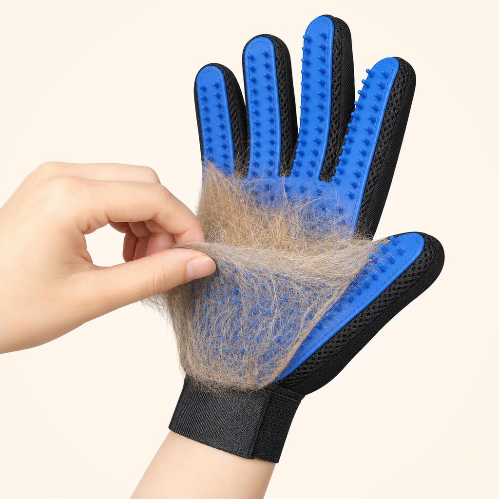 Pet fur caught between the long silicone pins of the Coathaus glove, being peeled off in one sheet